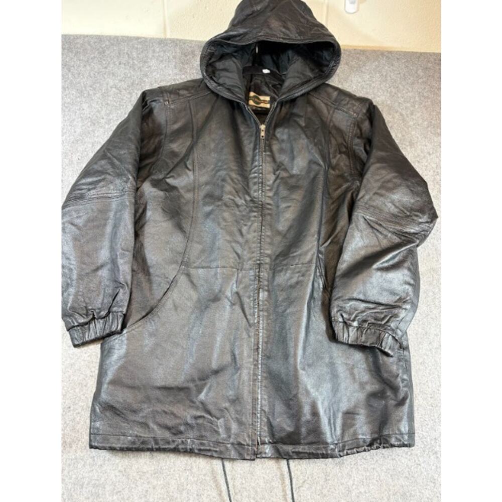 Vintage Outbrook Leather Hooded Jacket Mens L Full Zip Gorpcore Streetwear 90s